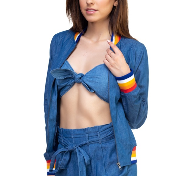 Stripe Chambray Bomber Jacket - Picture 2 of 5